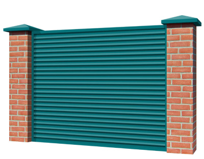 Секция забора жалюзи из ламелей Жалюзи ЭКО-Z RAL5021 морская волна с кирпичными столбами