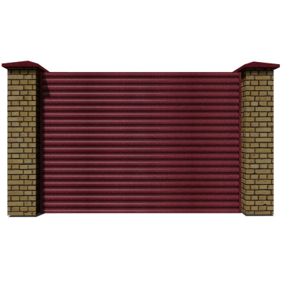 Секция забора жалюзи из ламелей еврожалюзи RAL3005 Красное Вино Стальной Бархат с кирпичными столбами анфас