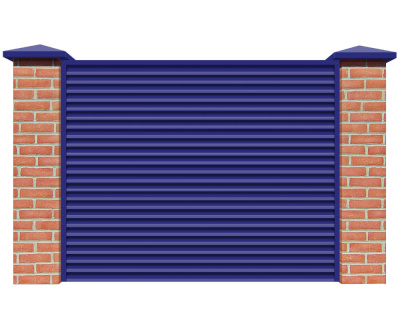 Секция забора жалюзи из ламелей Жалюзи ЭКО-Z RAL5002 Ультрамариново-синий с кирпичными столбами анфас
