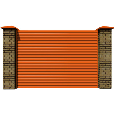 Секция забора жалюзи из ламелей еврожалюзи RAL2004 Оранжевый Апельсин с кирпичными столбами анфас