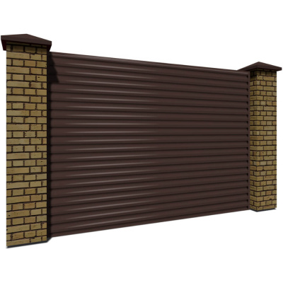 Секция забора жалюзи из ламелей еврожалюзи RAL8017 Коричневый Шоколад коричневая полиэфирная эмаль с кирпичными столбами